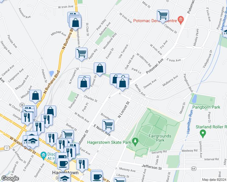map of restaurants, bars, coffee shops, grocery stores, and more near 660 Oak Hill Avenue in Hagerstown