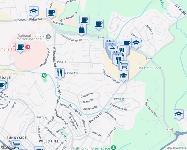 map of restaurants, bars, coffee shops, grocery stores, and more near 1111 Burns Street in Morgantown