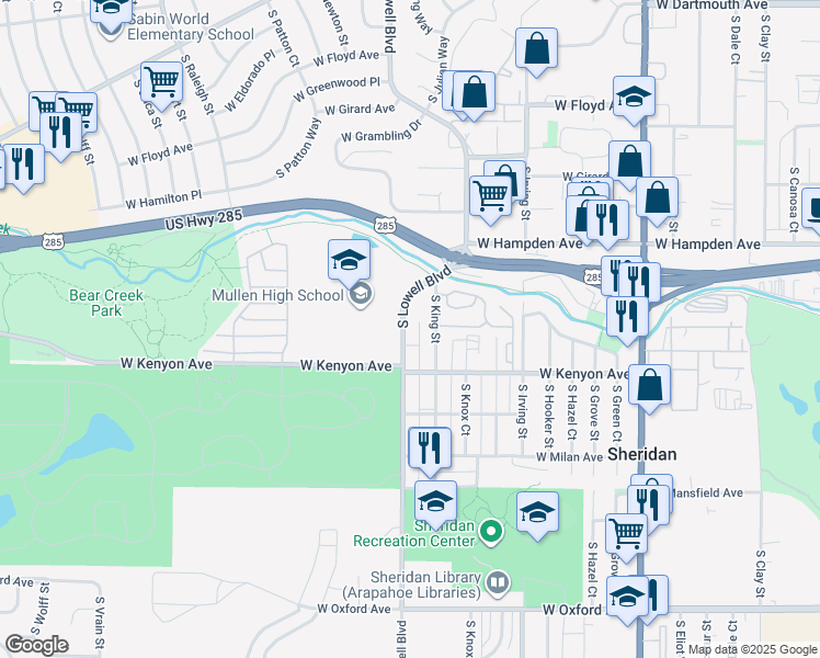 map of restaurants, bars, coffee shops, grocery stores, and more near 3600 South Lowell Boulevard in Denver