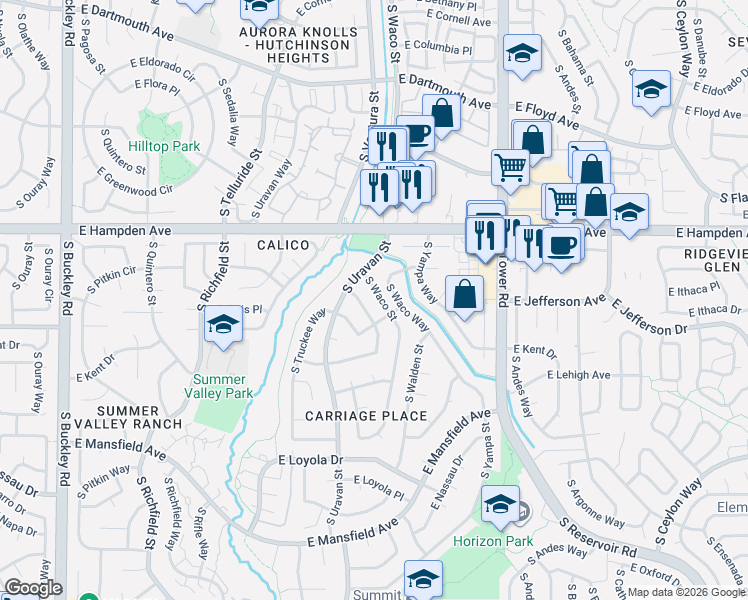 map of restaurants, bars, coffee shops, grocery stores, and more near 3585 South Waco Street in Aurora
