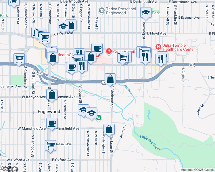 map of restaurants, bars, coffee shops, grocery stores, and more near 740 East Jefferson Avenue in Englewood