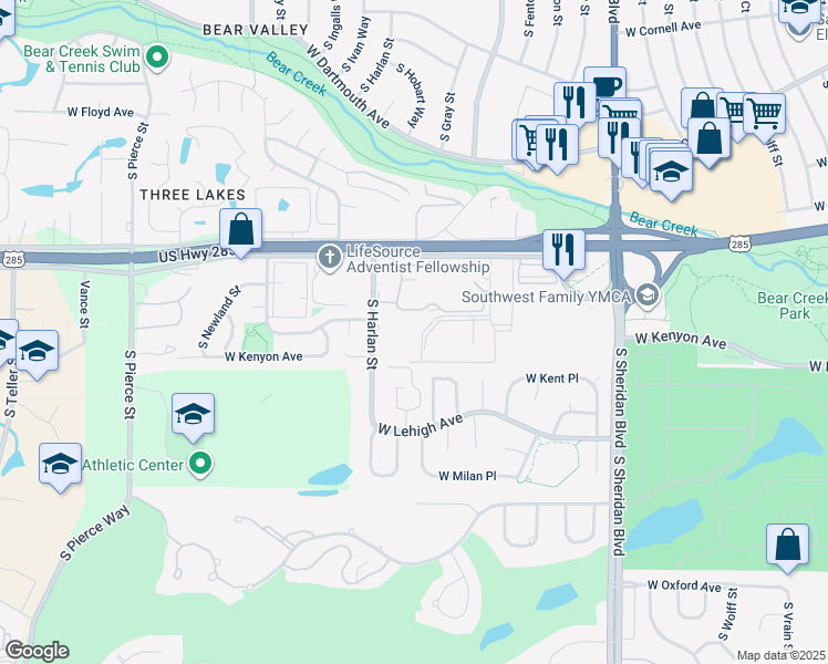map of restaurants, bars, coffee shops, grocery stores, and more near 3580 South Harlan Street in Lakewood