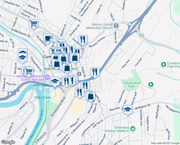 map of restaurants, bars, coffee shops, grocery stores, and more near 301 East Harrison Street in Cumberland