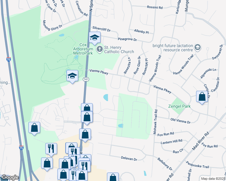 map of restaurants, bars, coffee shops, grocery stores, and more near 6848 Lorien Woods Drive in Dayton