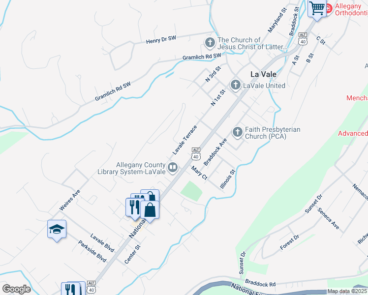 map of restaurants, bars, coffee shops, grocery stores, and more near 726 Lavale Terrace in Lavale