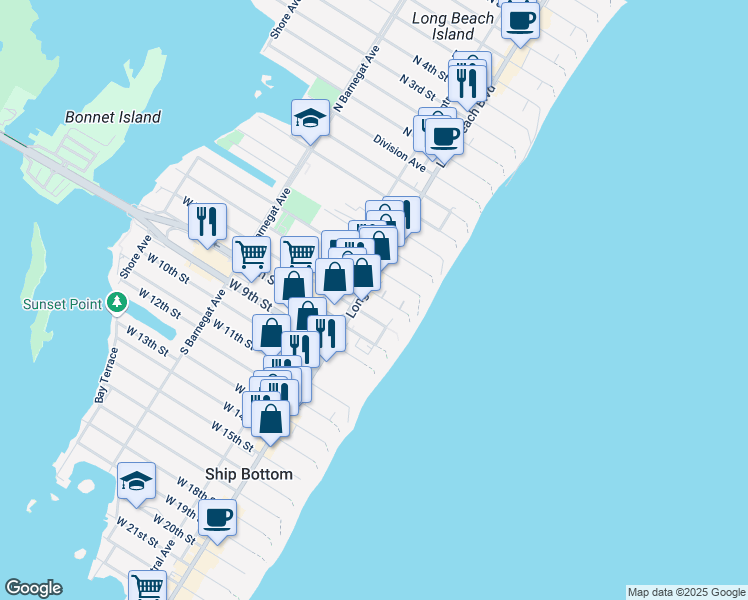 map of restaurants, bars, coffee shops, grocery stores, and more near 111 East 6th Street in Ship Bottom