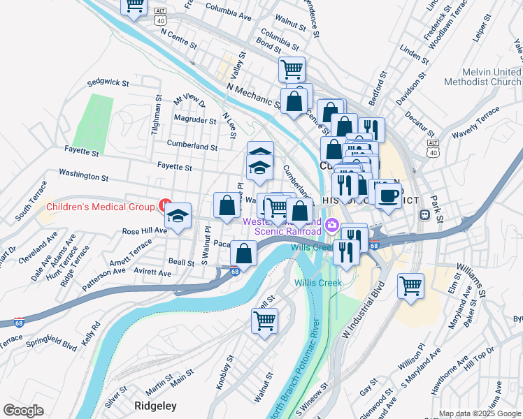 map of restaurants, bars, coffee shops, grocery stores, and more near 108 Washington Street in Cumberland