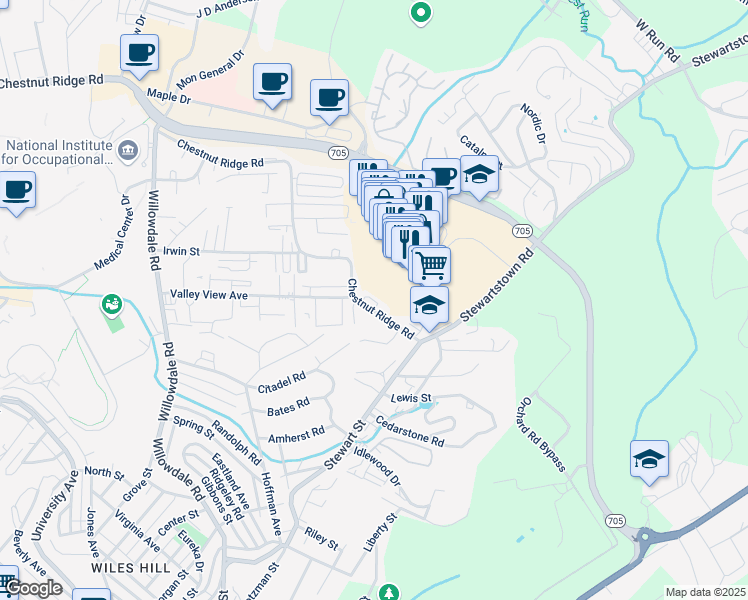 map of restaurants, bars, coffee shops, grocery stores, and more near Queen Anne Colony Road in Morgantown