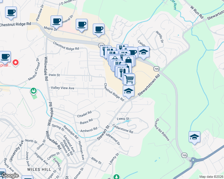 map of restaurants, bars, coffee shops, grocery stores, and more near Queen Anne Colony Road in Morgantown