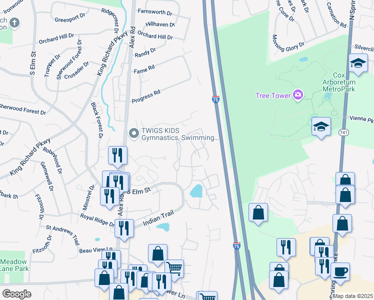 map of restaurants, bars, coffee shops, grocery stores, and more near 1651 South Elm Street in Dayton