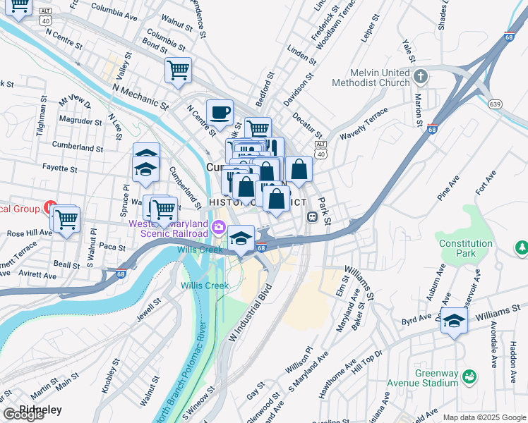 map of restaurants, bars, coffee shops, grocery stores, and more near 107 South Centre Street in Cumberland