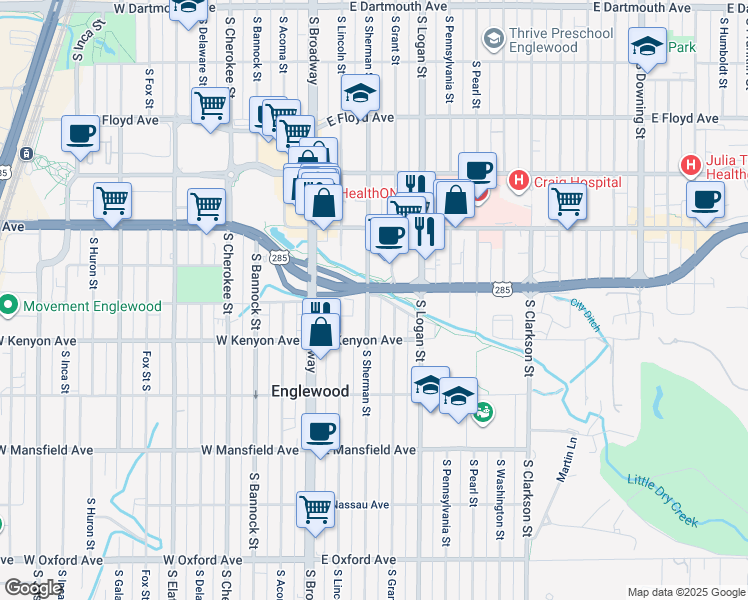 map of restaurants, bars, coffee shops, grocery stores, and more near 3630 South Sherman Street in Englewood
