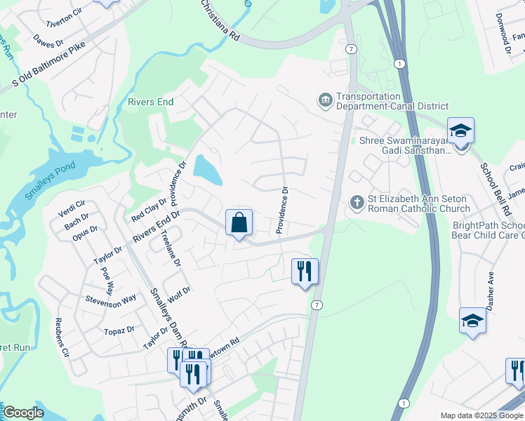 map of restaurants, bars, coffee shops, grocery stores, and more near 301 Pond View Lane in Bear