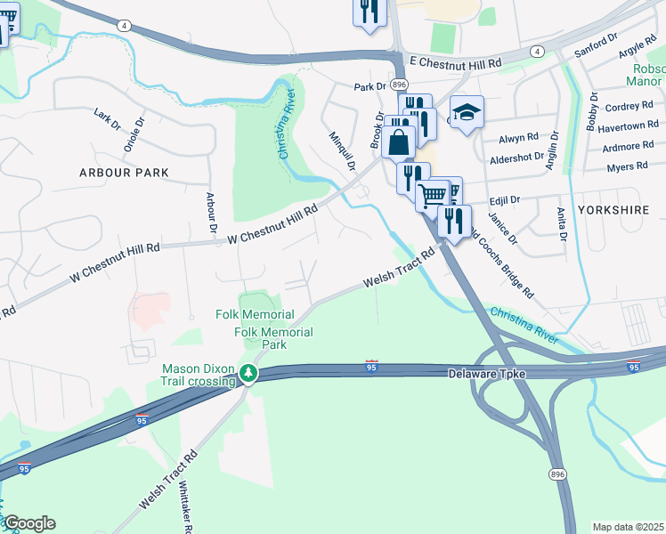 map of restaurants, bars, coffee shops, grocery stores, and more near 60 Welsh Tract Road in Newark