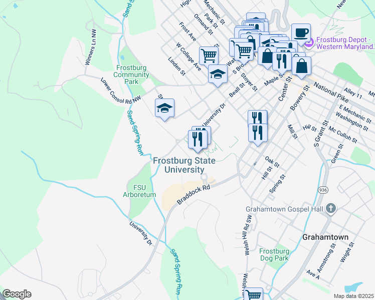 map of restaurants, bars, coffee shops, grocery stores, and more near in Frostburg