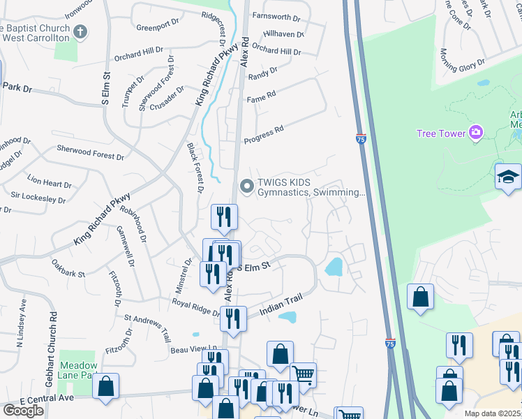 map of restaurants, bars, coffee shops, grocery stores, and more near 115 Elmwood Circle in West Carrollton
