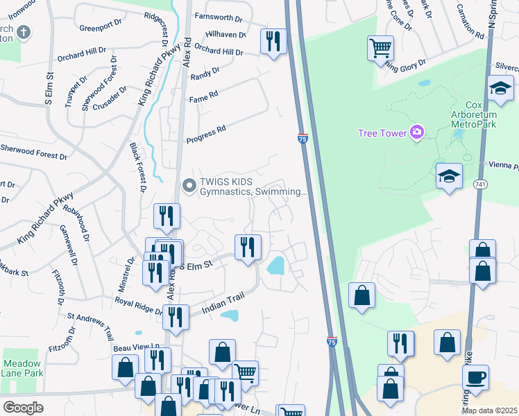 map of restaurants, bars, coffee shops, grocery stores, and more near 1651 South Elm Street in West Carrollton
