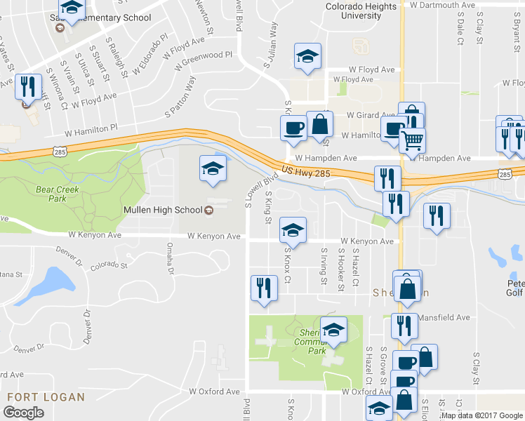 map of restaurants, bars, coffee shops, grocery stores, and more near 3500 South King Street in Denver