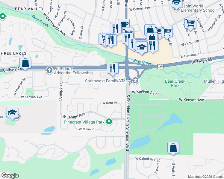 map of restaurants, bars, coffee shops, grocery stores, and more near 3663 South Sheridan Boulevard in Denver