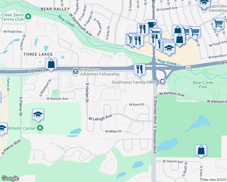 map of restaurants, bars, coffee shops, grocery stores, and more near 3576 South Depew Street in Lakewood
