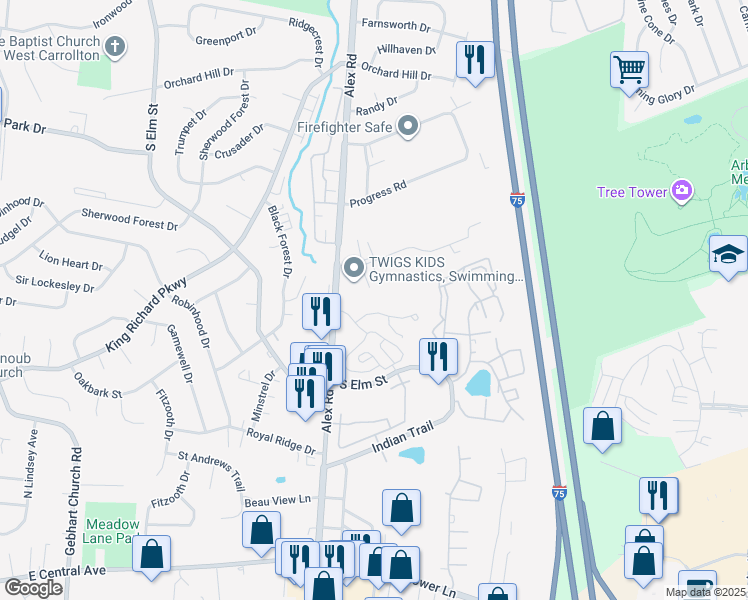map of restaurants, bars, coffee shops, grocery stores, and more near 1900 South Alex Road in Dayton