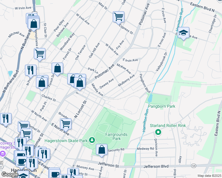map of restaurants, bars, coffee shops, grocery stores, and more near 835 Mulberry Avenue in Hagerstown