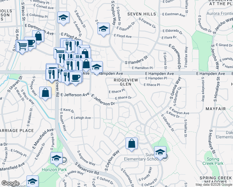 map of restaurants, bars, coffee shops, grocery stores, and more near 19046 East Ithaca Place in Aurora