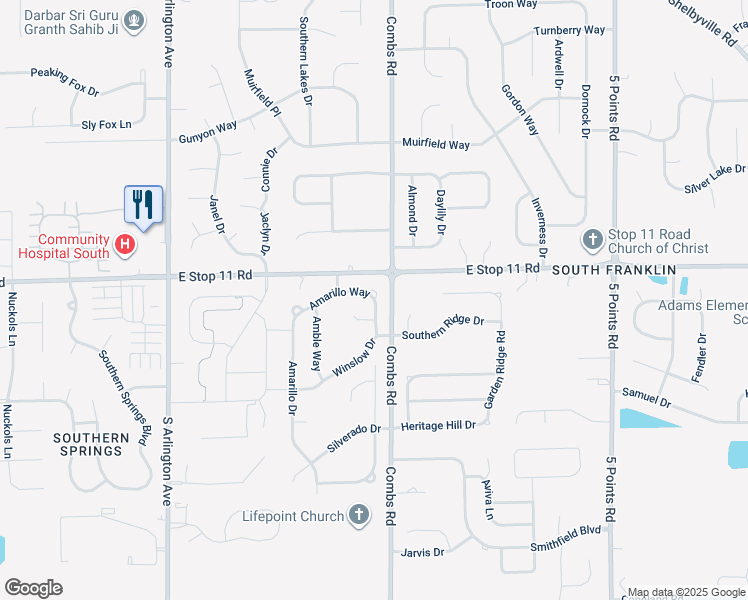 map of restaurants, bars, coffee shops, grocery stores, and more near 8036 South Southern Trails Place in Indianapolis