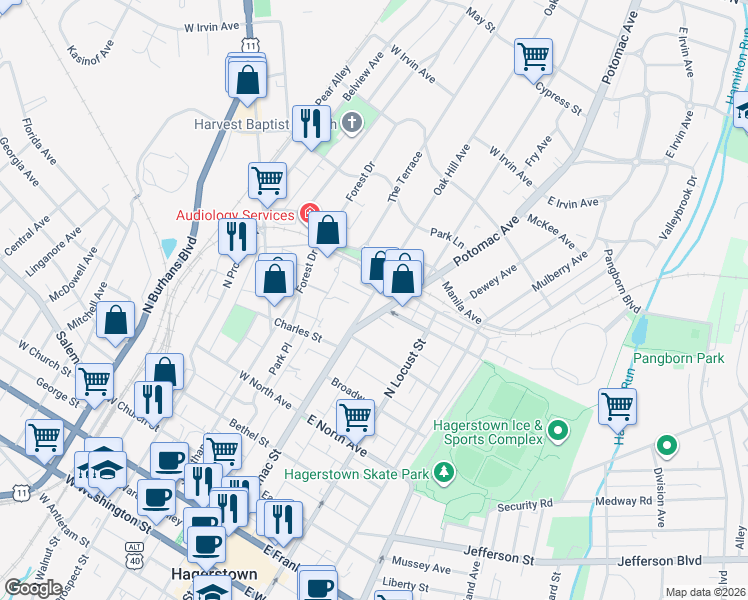 map of restaurants, bars, coffee shops, grocery stores, and more near 666 Oak Hill Avenue in Hagerstown
