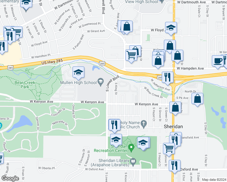 map of restaurants, bars, coffee shops, grocery stores, and more near 3595 South King Street in Denver