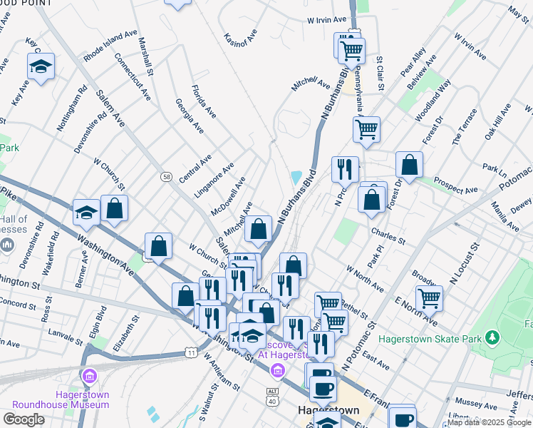 map of restaurants, bars, coffee shops, grocery stores, and more near 441 Carrolton Avenue in Hagerstown