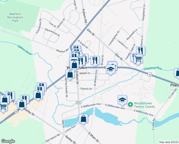 map of restaurants, bars, coffee shops, grocery stores, and more near 41 Maple Court in Woodstown