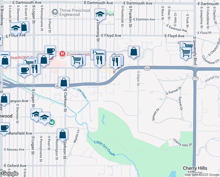 map of restaurants, bars, coffee shops, grocery stores, and more near 3701 South Lafayette Street in Englewood