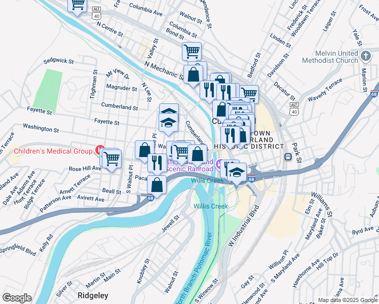 map of restaurants, bars, coffee shops, grocery stores, and more near 28 Washington Street in Cumberland