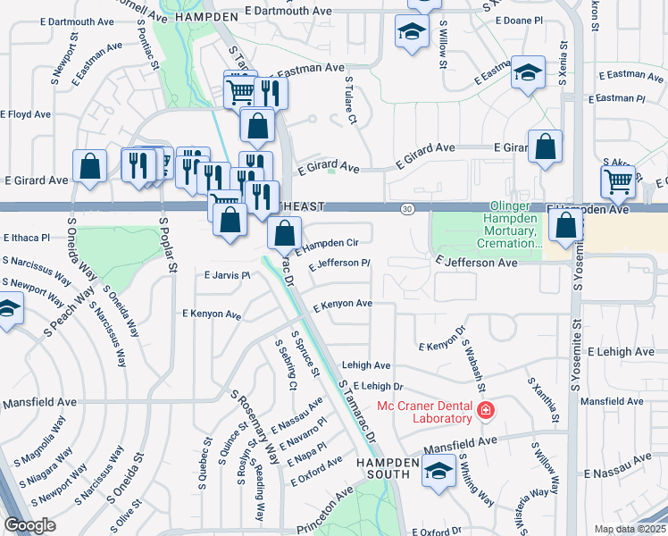 map of restaurants, bars, coffee shops, grocery stores, and more near 7906 East Jefferson Place in Denver