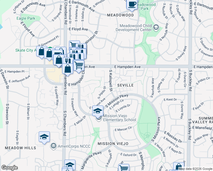 map of restaurants, bars, coffee shops, grocery stores, and more near 3601 South Kalispell Street in Aurora