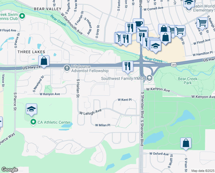 map of restaurants, bars, coffee shops, grocery stores, and more near 3576 South Depew Street in Lakewood