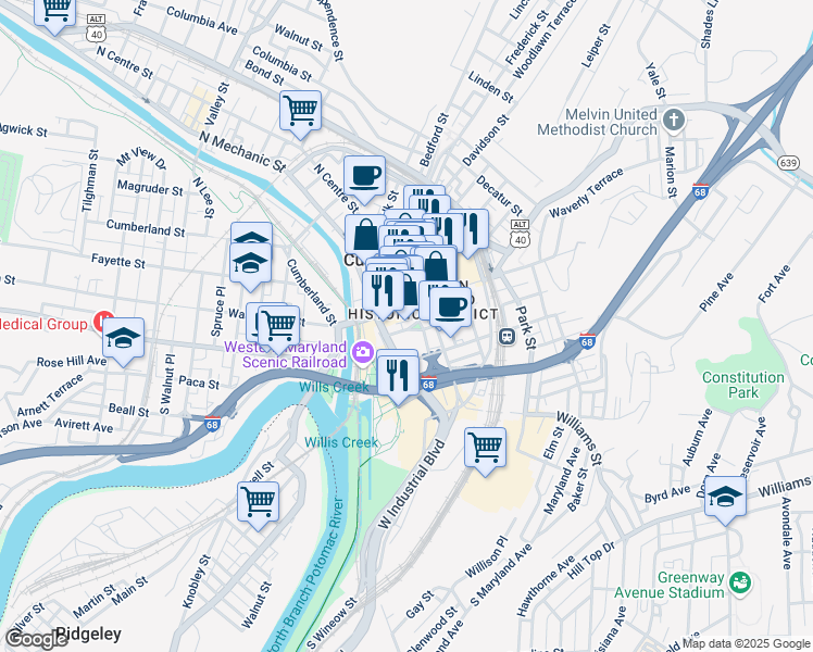 map of restaurants, bars, coffee shops, grocery stores, and more near 70 Pershing Street in Cumberland