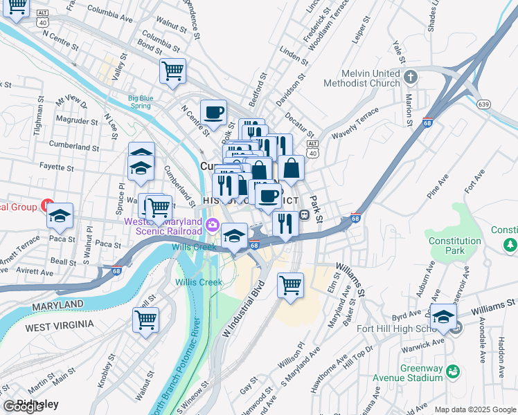 map of restaurants, bars, coffee shops, grocery stores, and more near S Centre St & W Union St in Cumberland