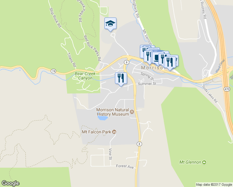 map of restaurants, bars, coffee shops, grocery stores, and more near 152 Red Rocks Vista Drive in Morrison