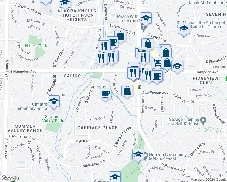 map of restaurants, bars, coffee shops, grocery stores, and more near 3581 South Yampa Way in Aurora