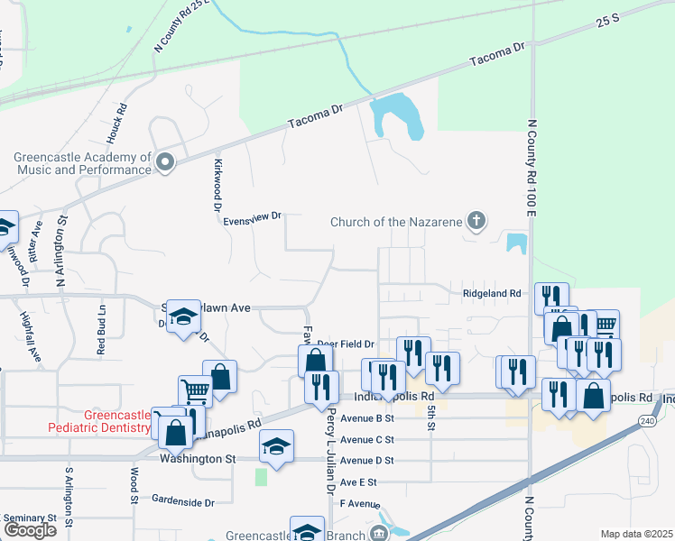 map of restaurants, bars, coffee shops, grocery stores, and more near 416 Glenview Lane in Greencastle