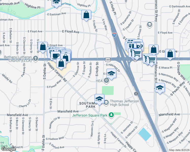 map of restaurants, bars, coffee shops, grocery stores, and more near 3575 South Holly Street in Denver