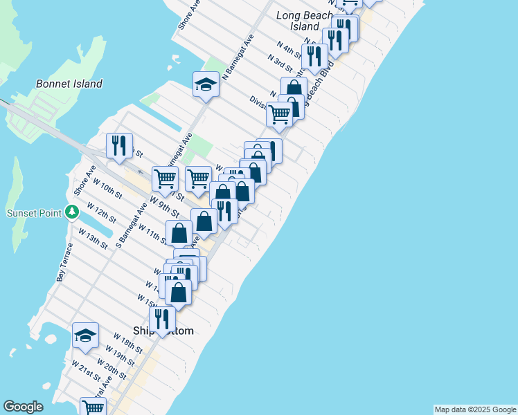 map of restaurants, bars, coffee shops, grocery stores, and more near 111 East 6th Street in Ship Bottom
