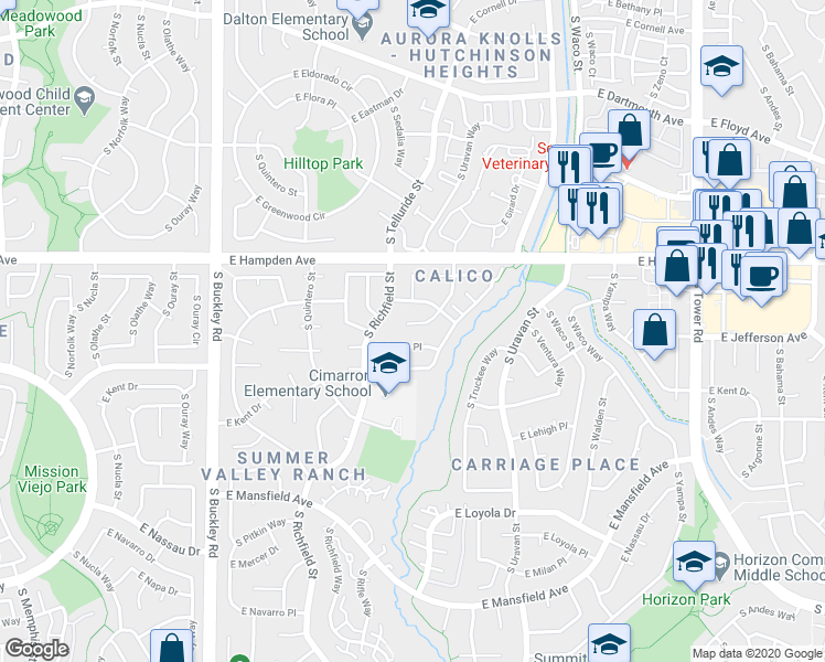 map of restaurants, bars, coffee shops, grocery stores, and more near 3586 South Telluride Way in Aurora
