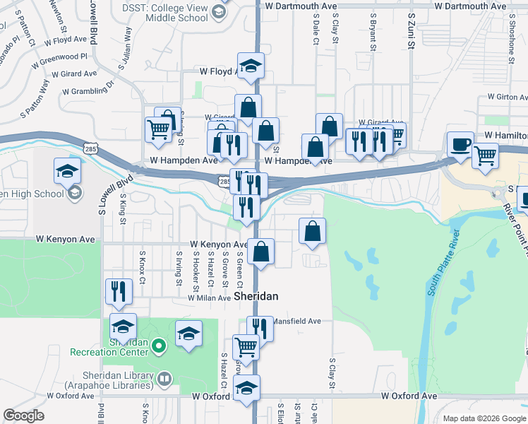 map of restaurants, bars, coffee shops, grocery stores, and more near 3600 South Federal Boulevard in Englewood