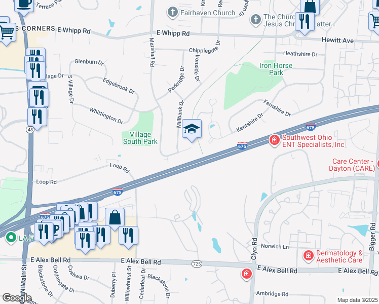 map of restaurants, bars, coffee shops, grocery stores, and more near 6430 Marshall Road in Dayton