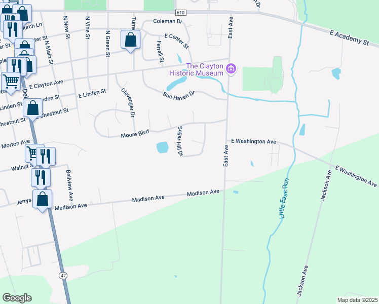 map of restaurants, bars, coffee shops, grocery stores, and more near 317 Sugar Hill Drive in Clayton