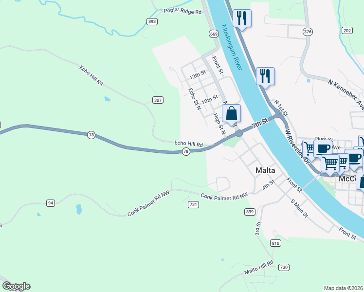 map of restaurants, bars, coffee shops, grocery stores, and more near 2331 Echo Hill Road in Malta