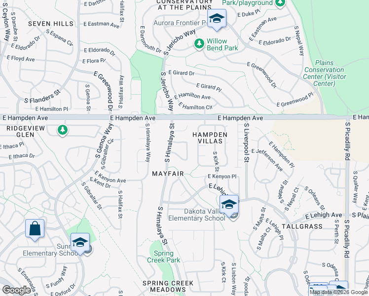 map of restaurants, bars, coffee shops, grocery stores, and more near 3565 South Jebel Circle in Aurora